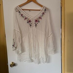 Westport White Blouse with Pink Floral Embroidery